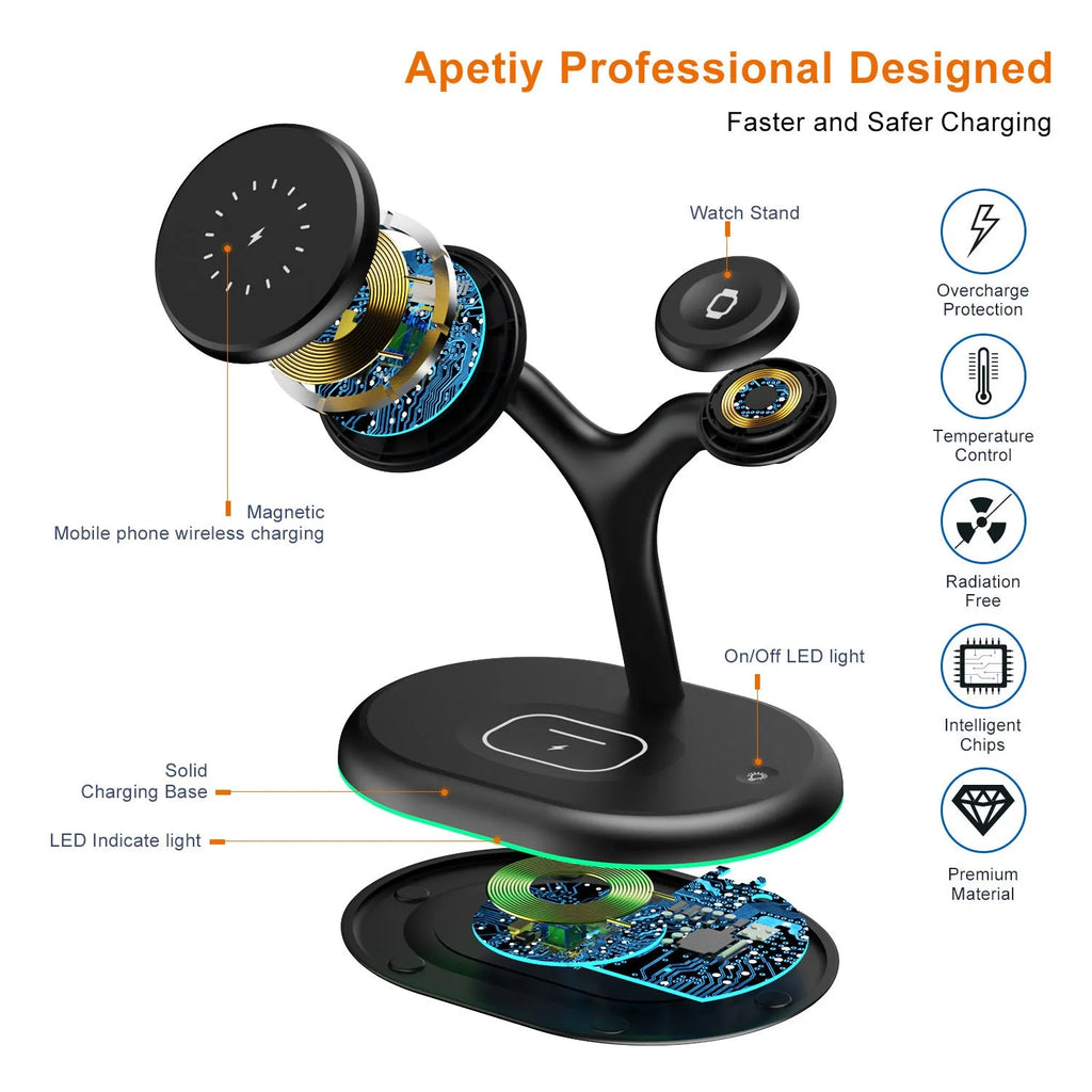 Black magnetic three-in-one wireless charger with ABS plastic construction and lithium battery