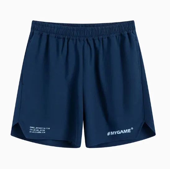 Men's blue training shorts with moisture-wicking fabric, shown from the side.
