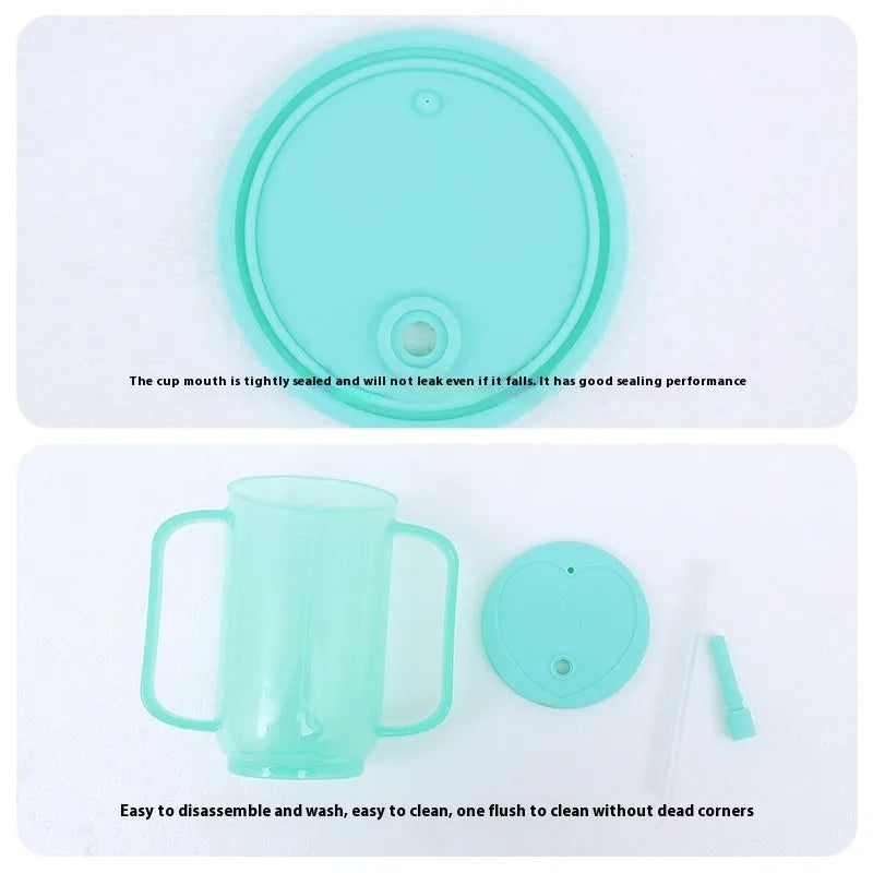 Oblique angled choke-proof drinking cup for elderly bed care with handle and optional wrist splint