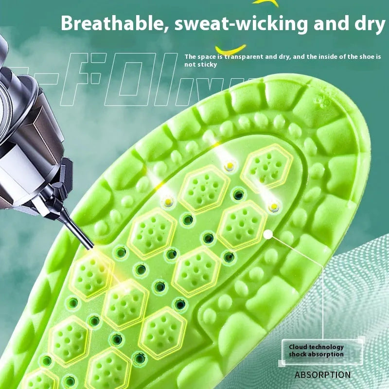 Green PU air cushion sports insoles with argy wormwood for sweat absorption, shown on a white background.