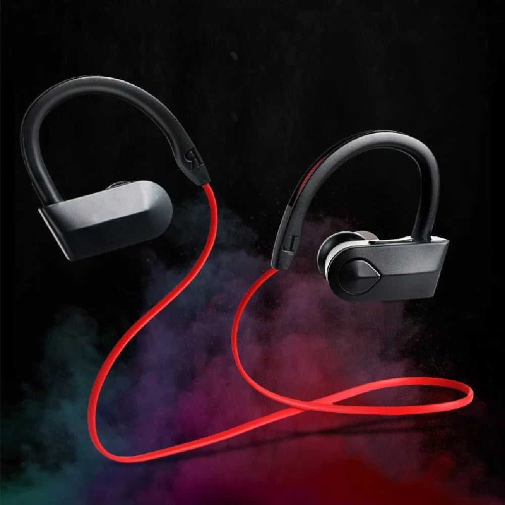 Neck-mounted wireless Bluetooth earphones in black, blue, or red colours with neckband design