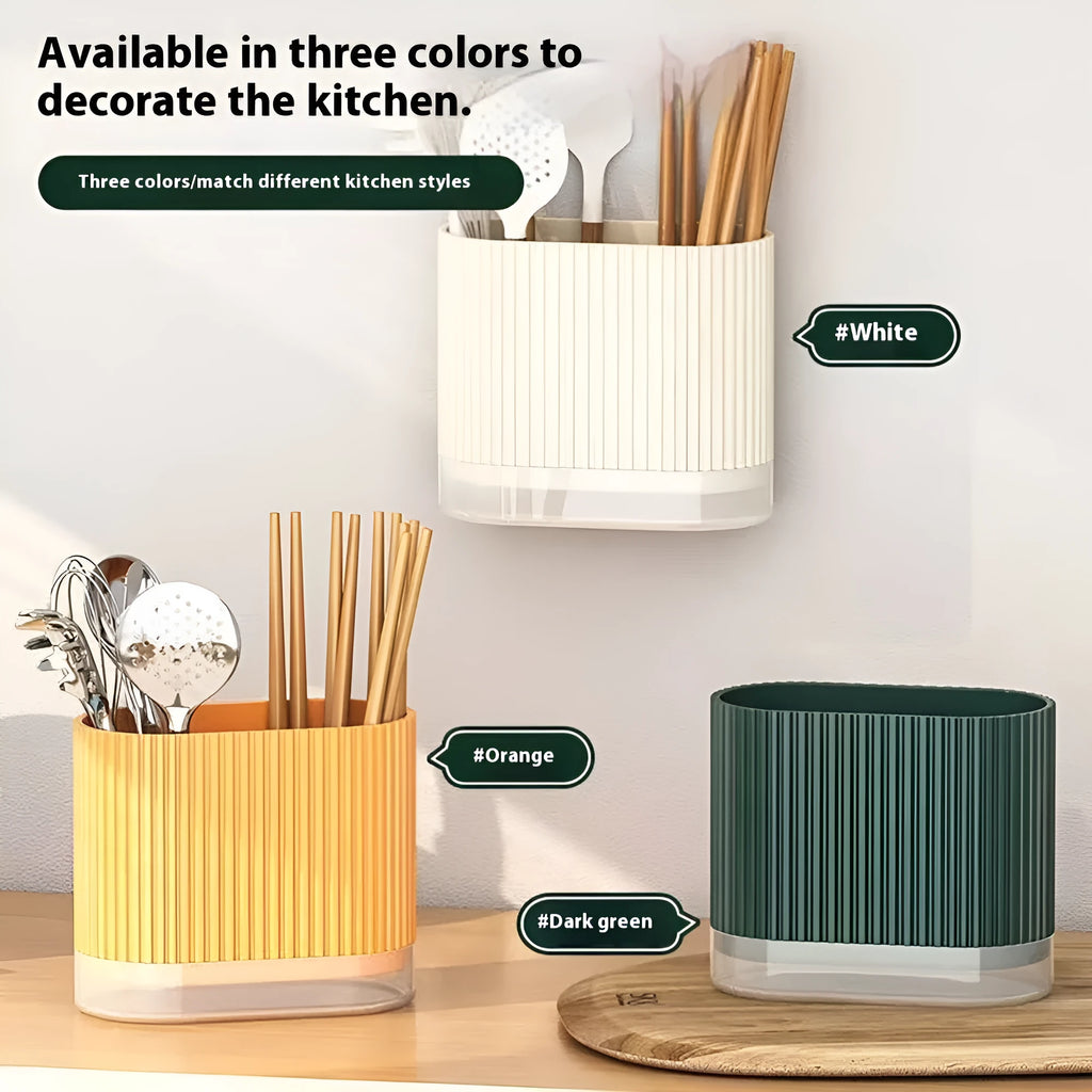 A beige plastic wall-mounted chopsticks holder with a cross-border drain design for kitchen utensil storage.