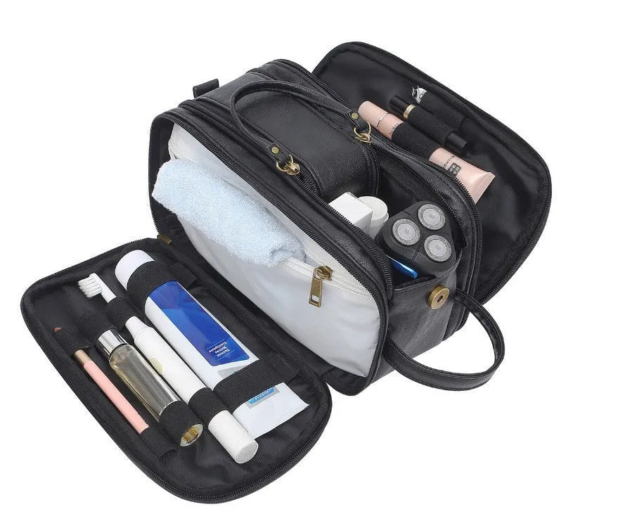 Men's black PU leather toiletry bag with solid colour design for travel grooming storage