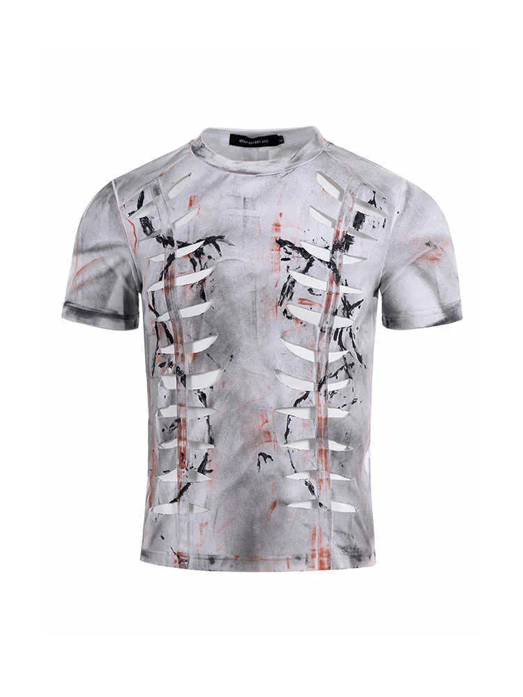 Men's white cotton t-shirt with cut hollow-out pattern, short sleeves and round neck collar