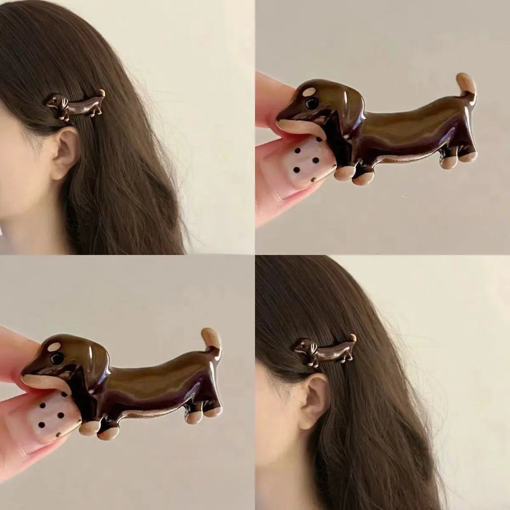 Dachshund dog-shaped hair barrettes with electroplated metallic finish and cute animal styling