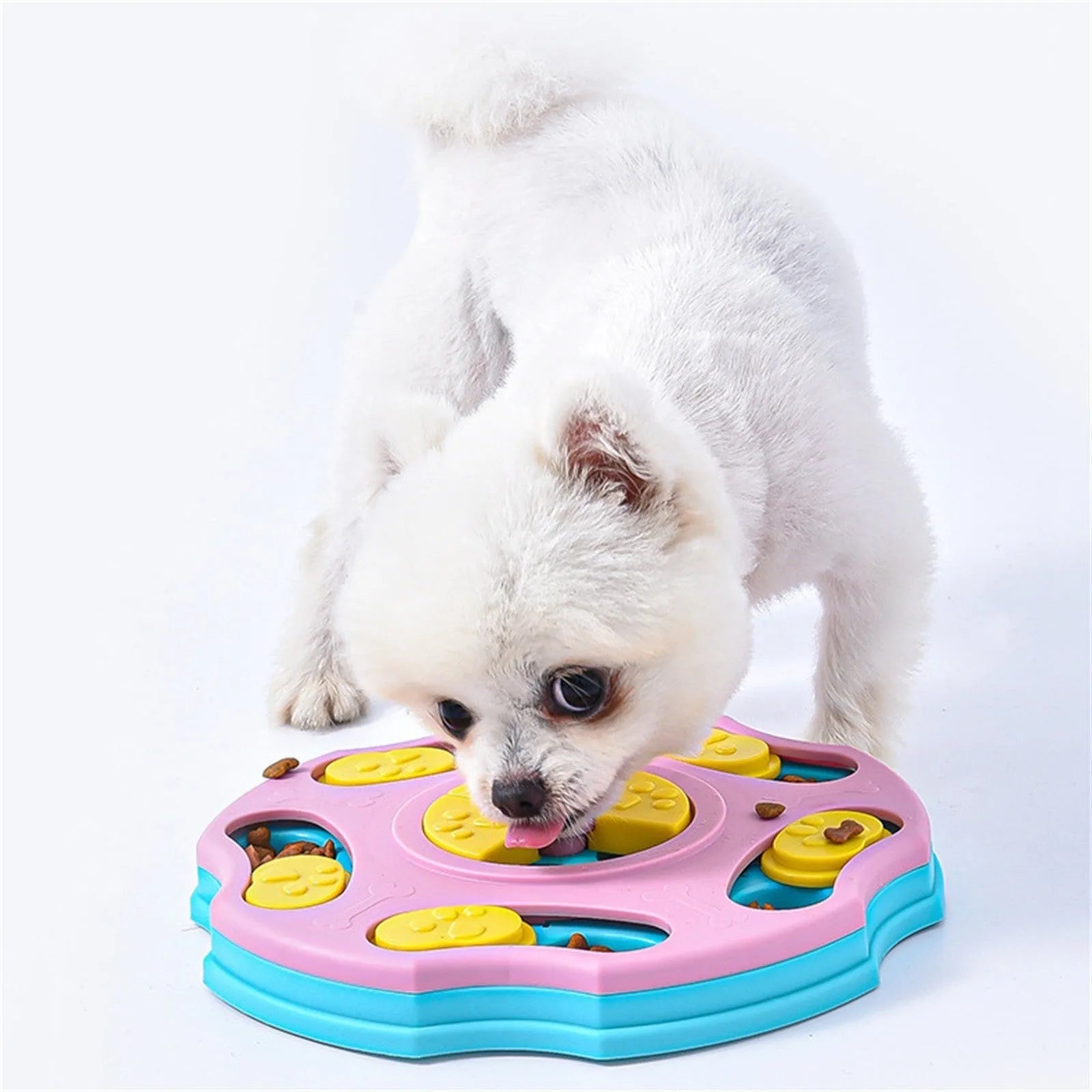 Blue and pink dog puzzle toy bowl for interactive feeding games and aggressive chewers