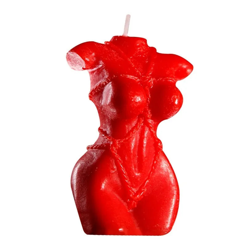 Soy wax low temperature massage candle in rose red, pink, or purple with bikini design.