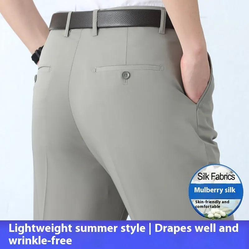 Men's straight-leg business trousers in mulberry silk blend with high waist and non-iron fabric