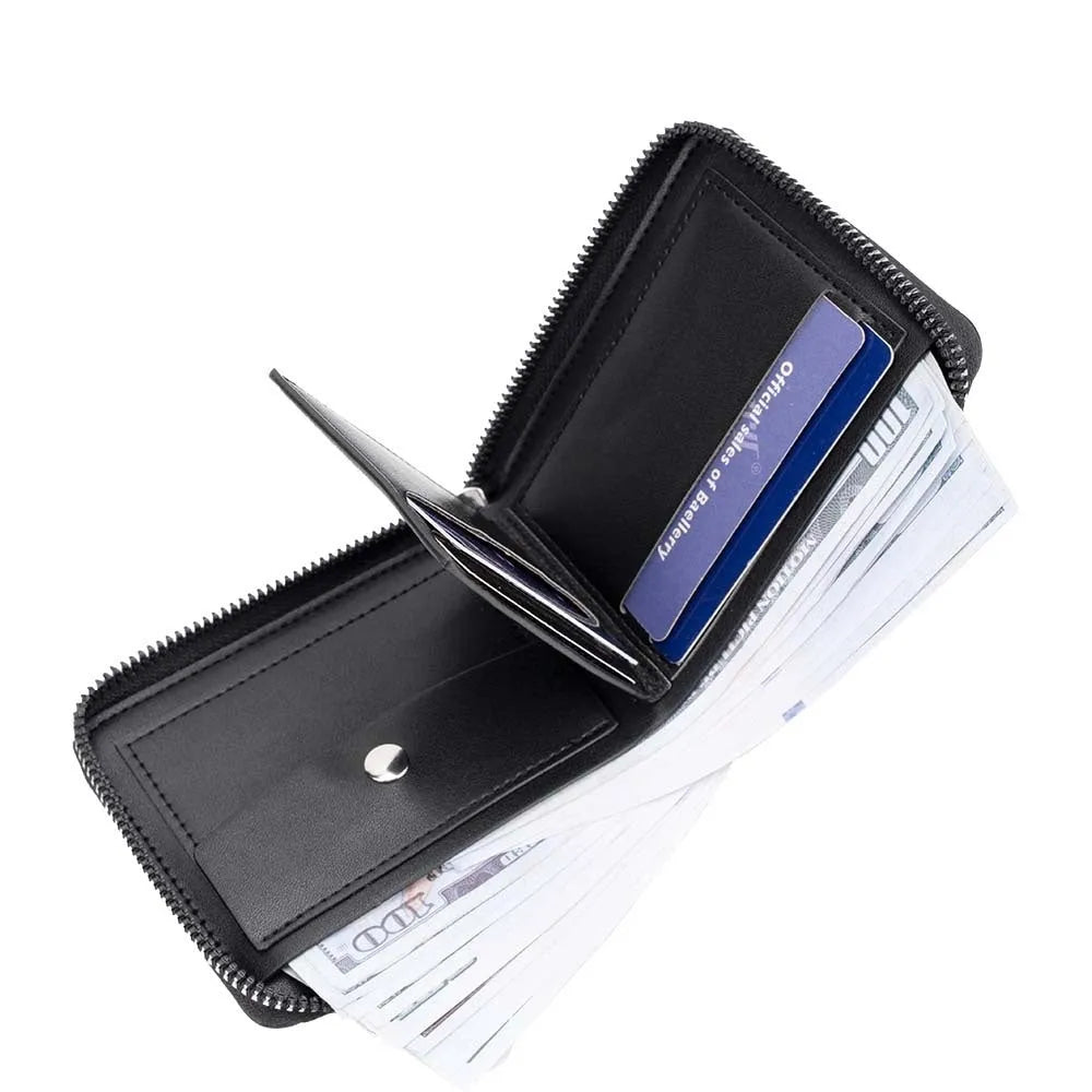 Black PU leather credit card wallet with a silver zipper and embossed texture.