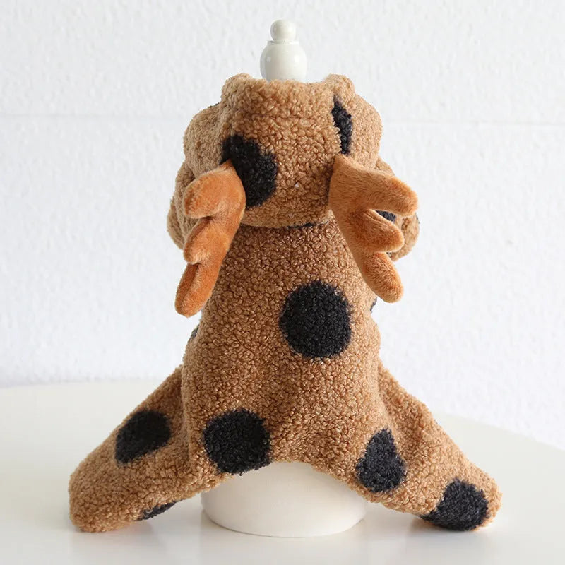 Polka dot pet clothing with elk couple design for dogs and cats in four-leg or skirt style options