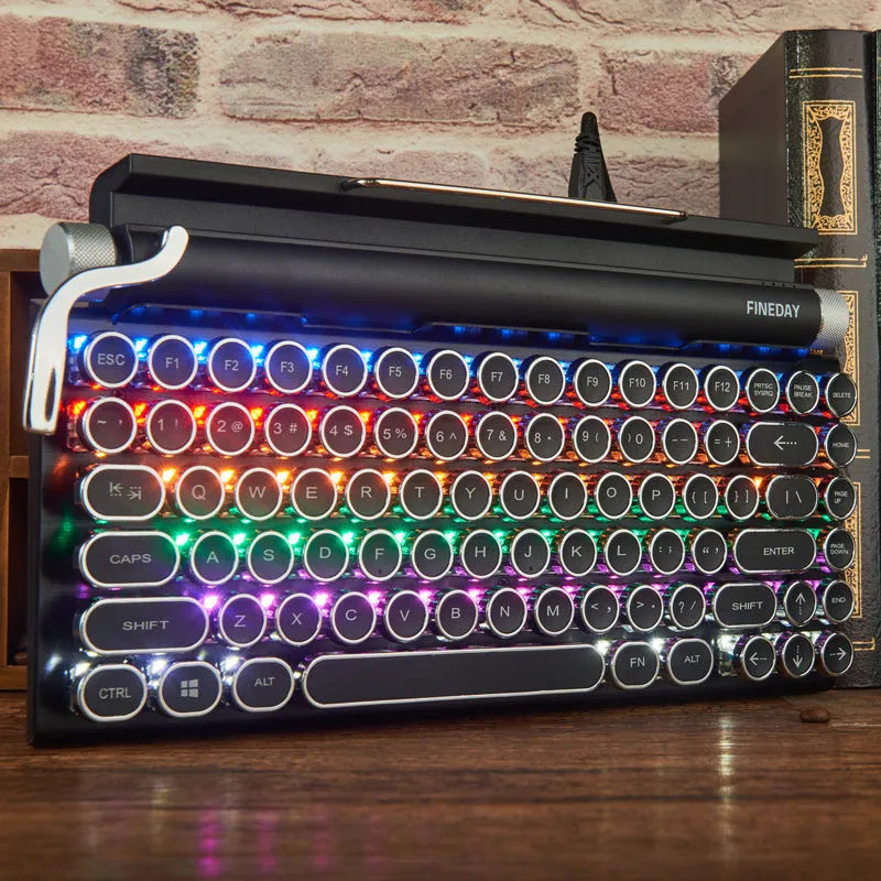 Black retro-style Bluetooth mechanical keyboard with multicolour backlit keys on aluminium frame