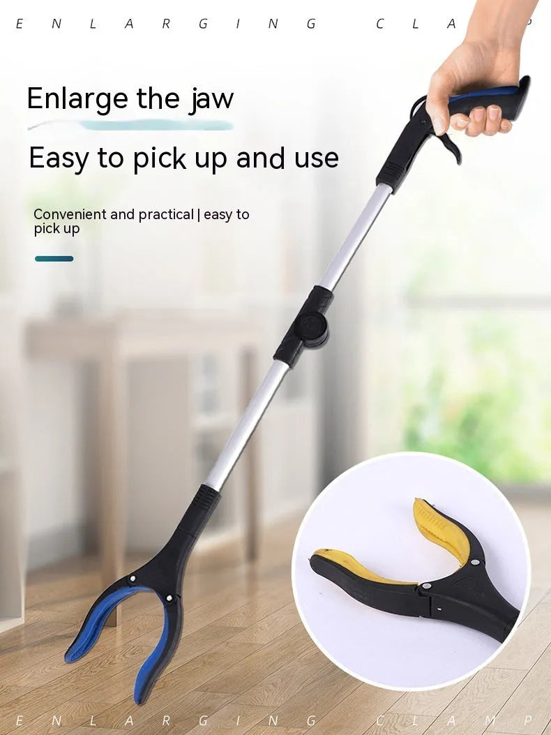 Foldable aluminium garbage pick-up clamp with magnetic end, shown extended and with blue handle.