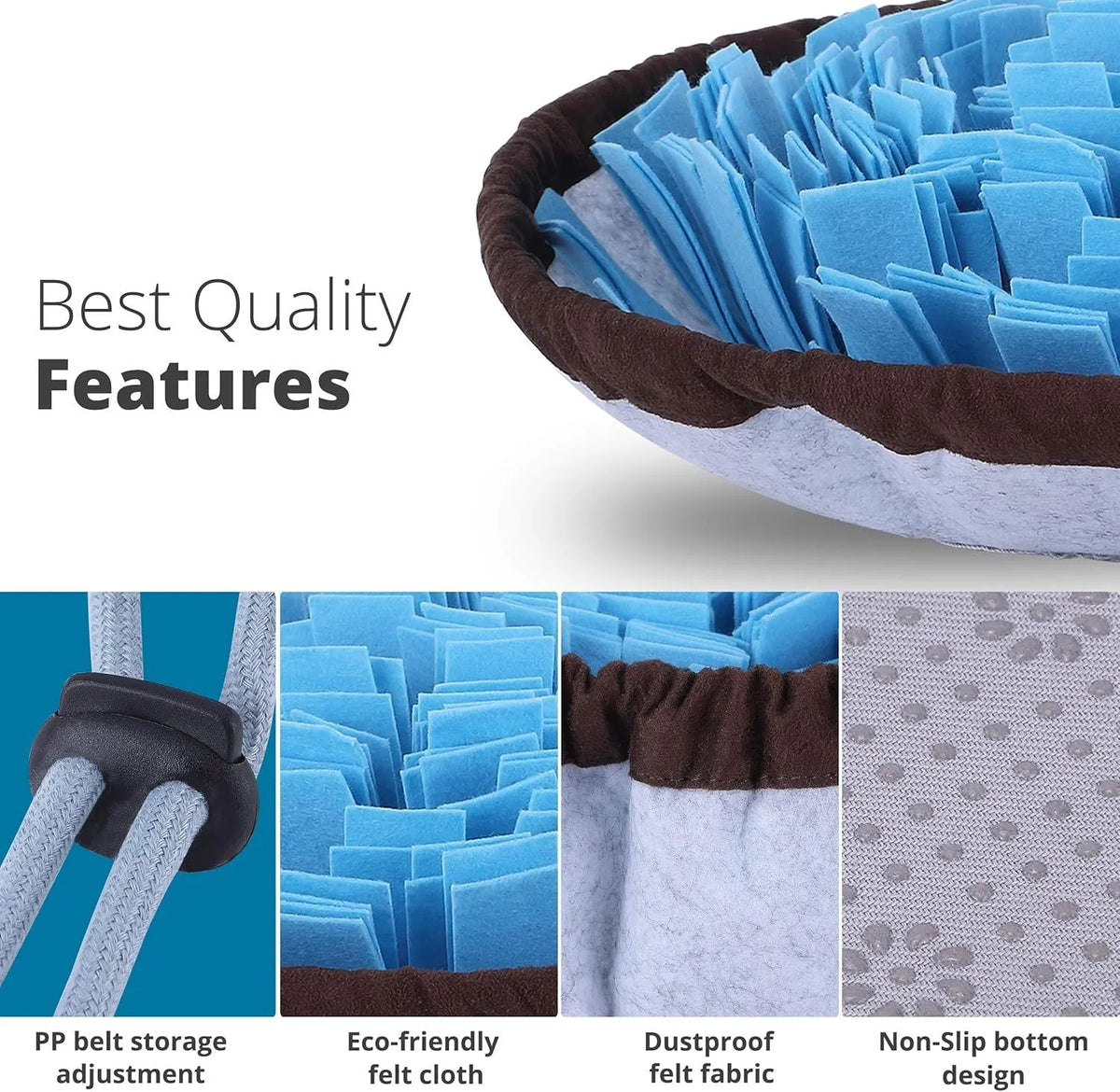 Blue adjustable fabric snuffle mat for dogs with hidden treat pockets.
