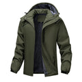 Men's plus size waterproof hooded coat in army green shown on a model, featuring a loose fit and a front zip.