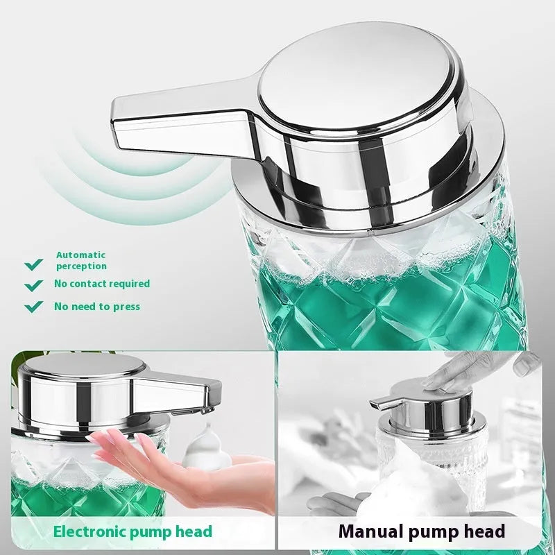 Automatic sensing soap dispenser with silver-plated PET shell and USB-C charging port.