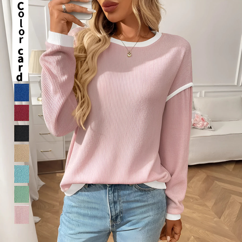 Women's loose-fit round neck long sleeve polyester pullover top in light blue