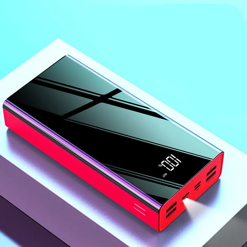 Black or red 40000 mAh power bank with LCD display showing rectangular plastic design