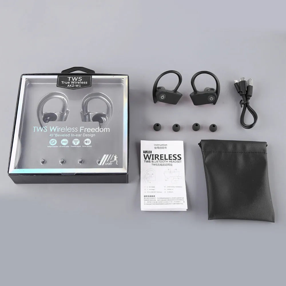 Black wireless Bluetooth earphones with an ergonomic design shown on a grey background.