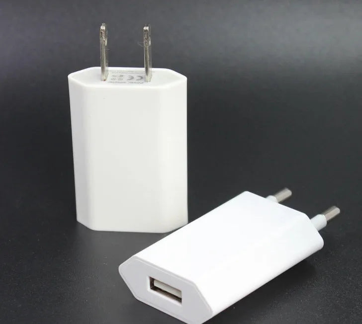 White 5V 2A USB wall charger adapter compatible with iPhone and iPad with optional cable lengths