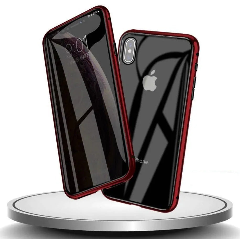 Glass anti-spy clamshell phone case for iPhone in black, blue, gold, green, red, or silver.