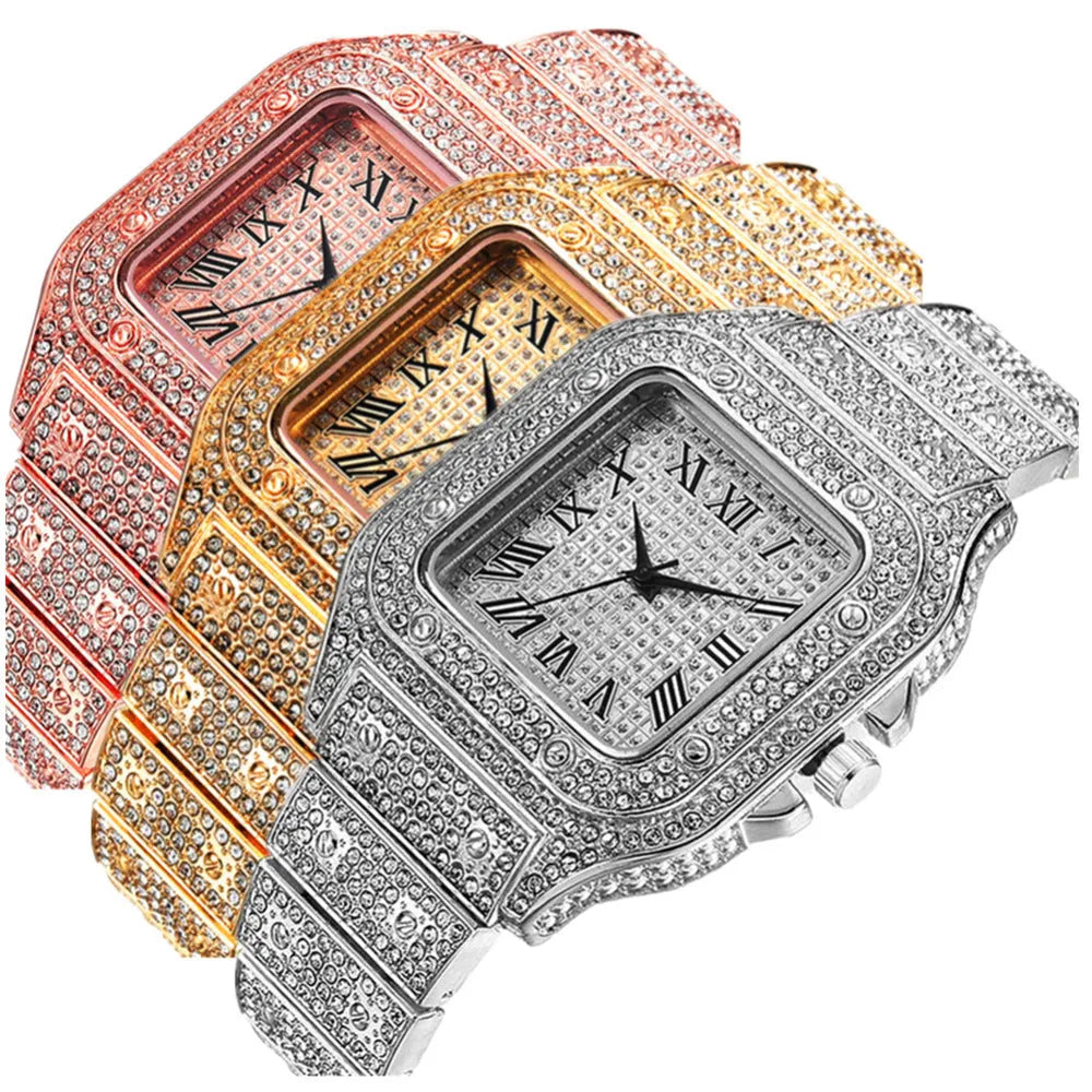 Roman grain quartz watch set with square dial, black mesh band, bracelet, and necklace in gold tone.