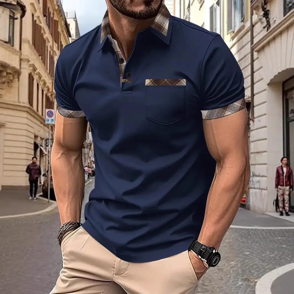 Men's loose fit plaid colourblock T-shirt with zipper decoration details on short sleeves