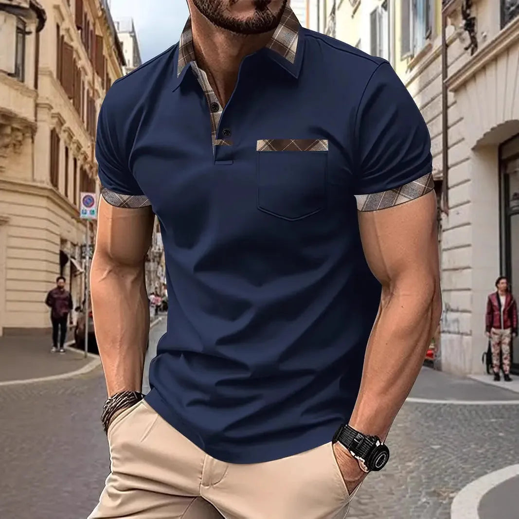 Men's loose fit plaid colourblock T-shirt with zipper decoration details on short sleeves