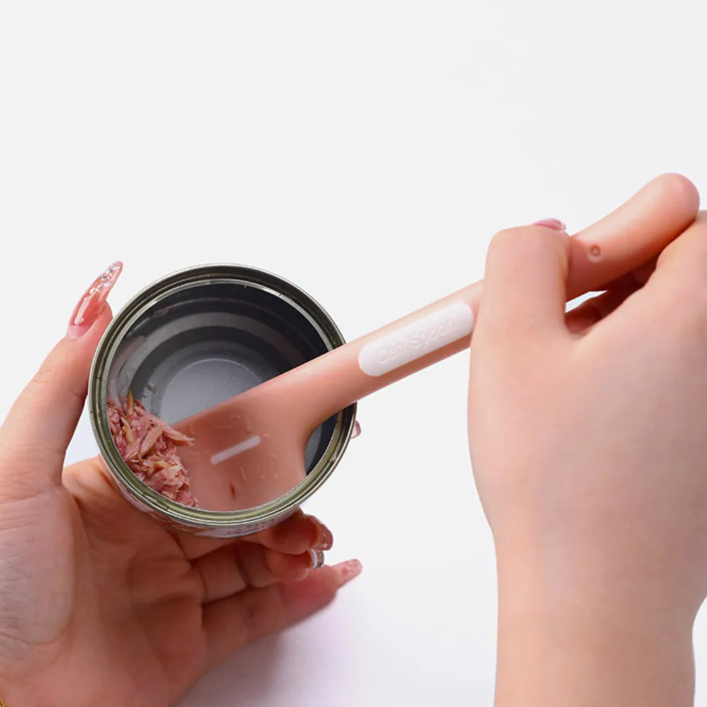 Green, pink, and purple long-handled pet food scoop for canned cat and dog food