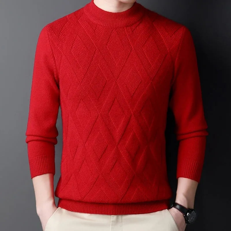 Men's diamond jacquard pattern thermal sweater in polyester fabric, plus size winter pullover