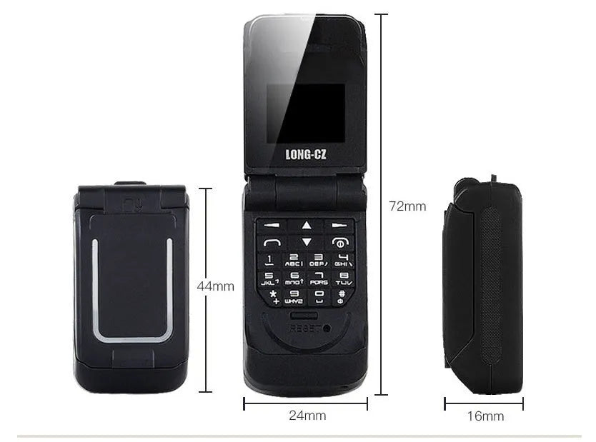 A closed mini flip phone in rose red, showing its compact clamshell design.