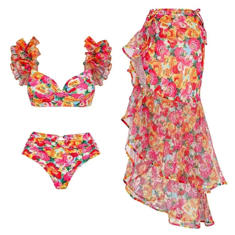 Women's floral print push up bikini high waist swimsuit two piece set