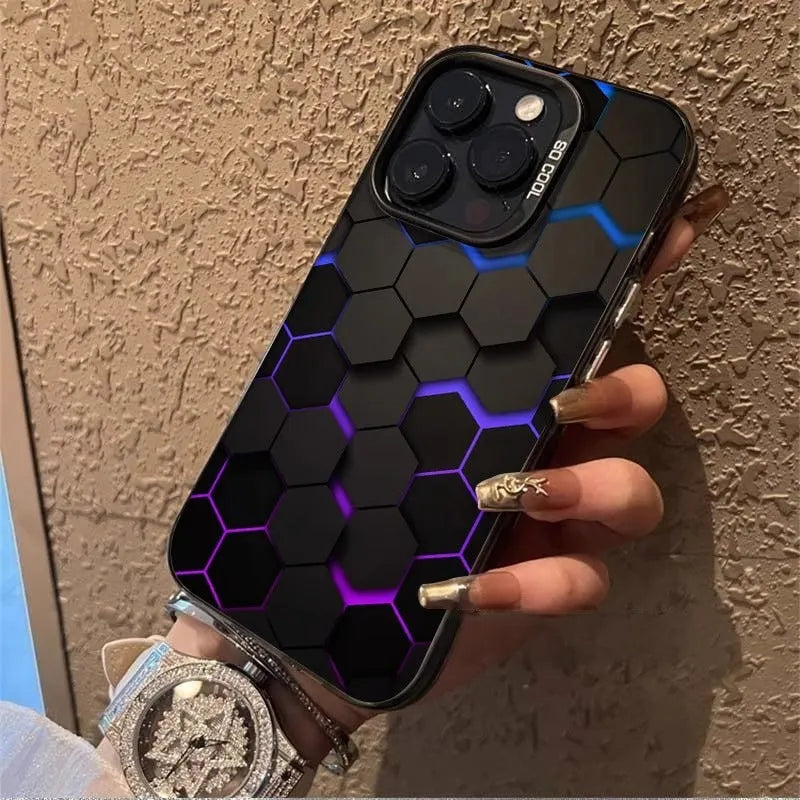 Frosted protective iPhone case with honeycomb square pattern in contrasting colour on black background