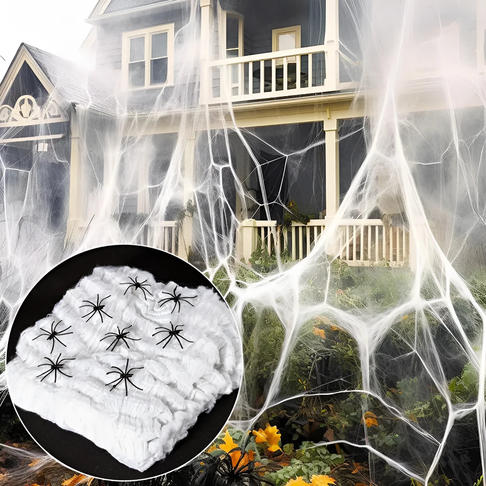 White cotton spider web Halloween decorations with spiders in various package size options