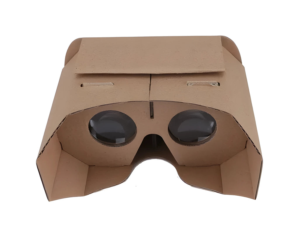 Corrugated paper virtual reality glasses for smartphones with 3D viewing.