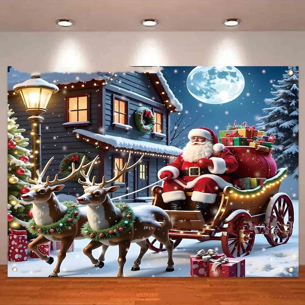 Large red Christmas banner with Santa Claus and gifts on a night scene, measuring 210cm by 150cm.