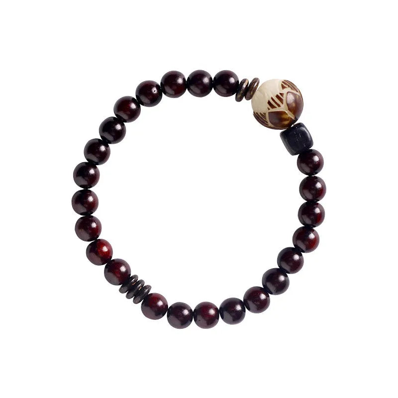 Natural rosewood double-ring bracelet with 10mm floral beads in hand-knitted construction