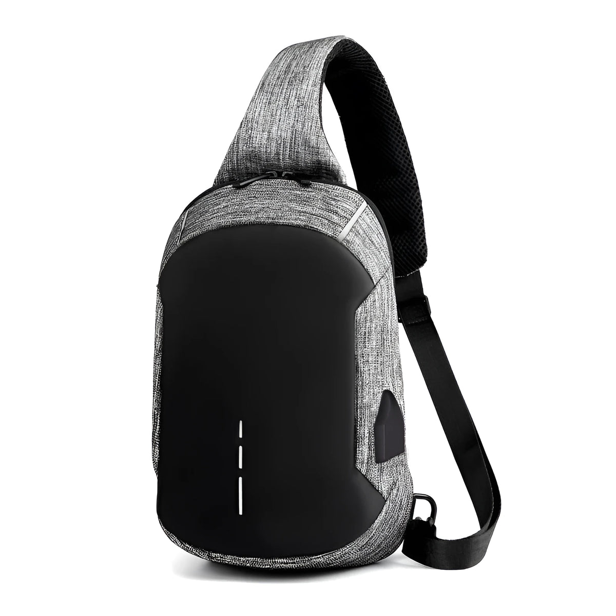Oxford waterproof chest bag in dark blue colour showing front zipper opening and cross-body strap