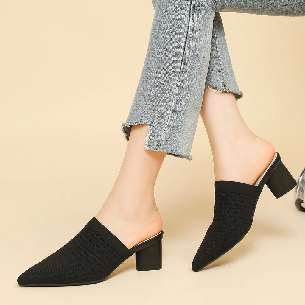 Women's pointed toe sandals with a toe cap and a chunky 5cm high heel in a fabric upper.