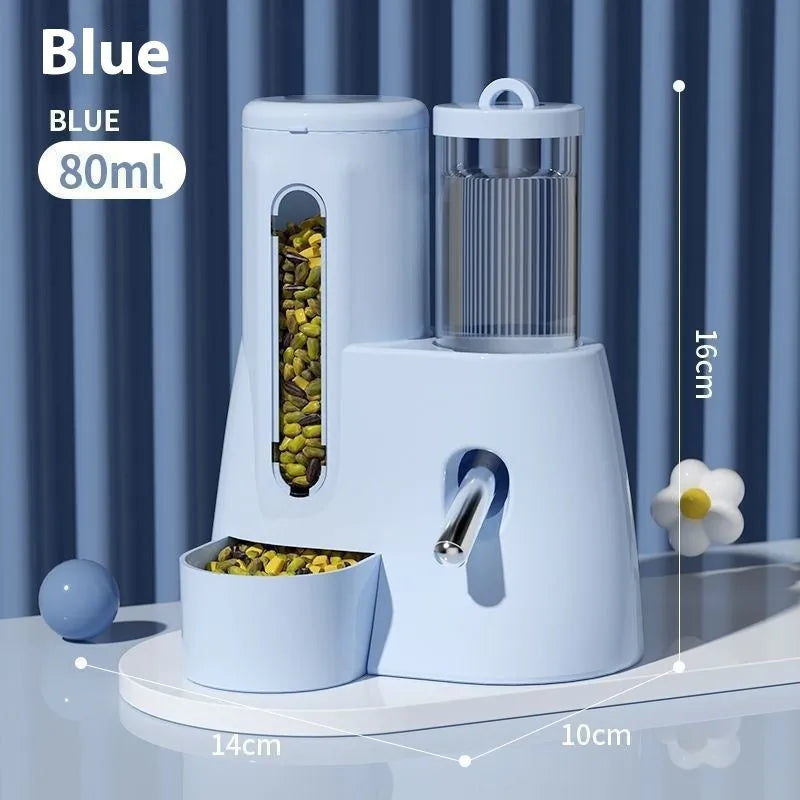 Blue automatic drinking water feeder and food basin for Djungarian hamsters mounted on cage bars