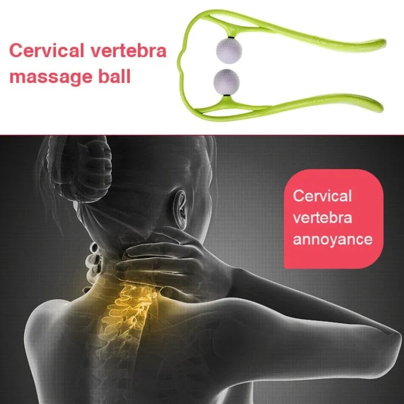 Plastic neck massager with hand roller for trigger point therapy in pink, blue, or green colours with removable heads