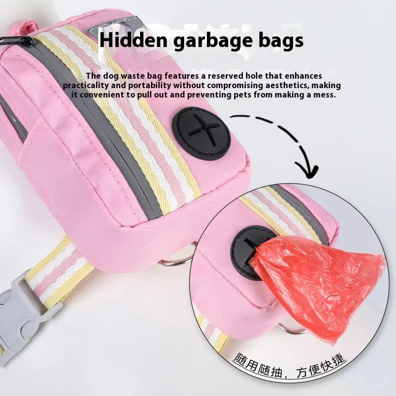 Pink anti-strangulation dog harness and lead made from Oxford cloth, shown with a 1.5 metre rope.