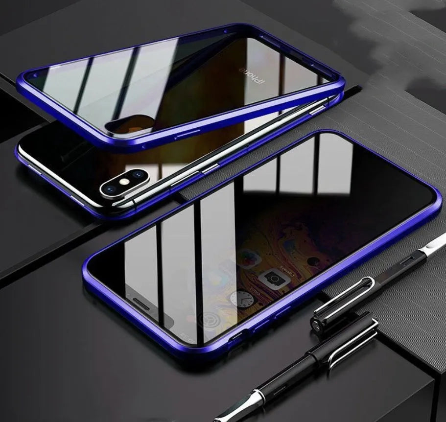 Glass anti-spy clamshell phone case for iPhone in black, blue, gold, green, red, or silver.