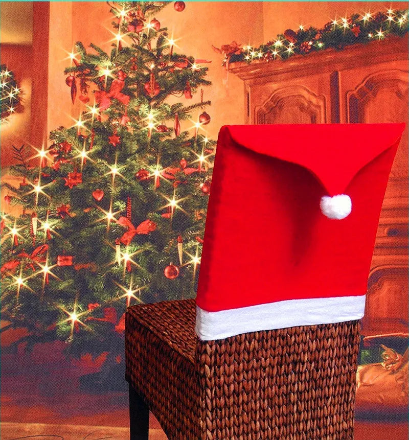 Set of red and white Christmas dining chair covers featuring Santa Claus, Snowman, and Santa hat designs.