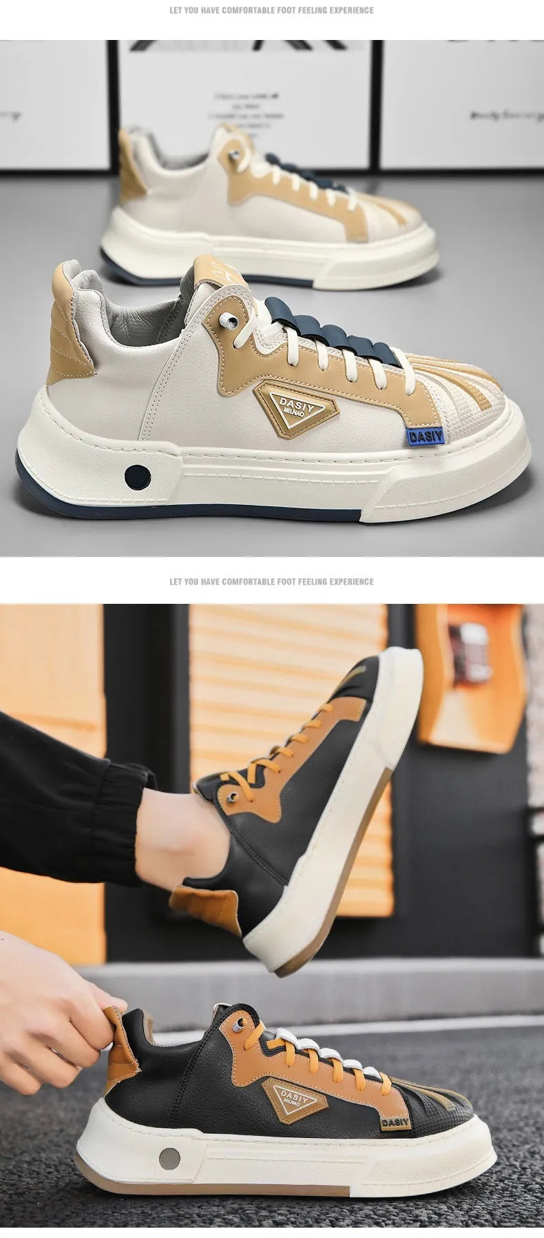 Men's beige low-top sneakers with elastic band fastening and leather stitching details