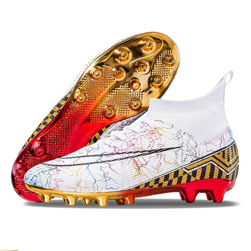 High-top football training shoes with gold-plated sole and synthetic leather upper in mandarin duck colour