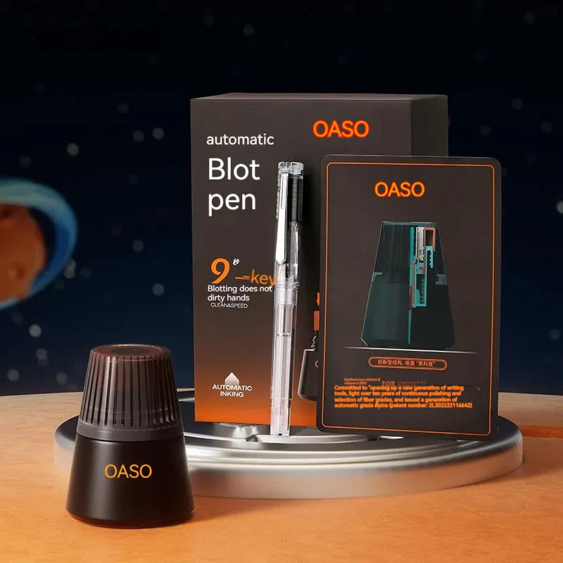 Automatic suction fountain pen set with 0.38mm or 0.5mm nib choice, 40ml ink bottle, and protective handbag