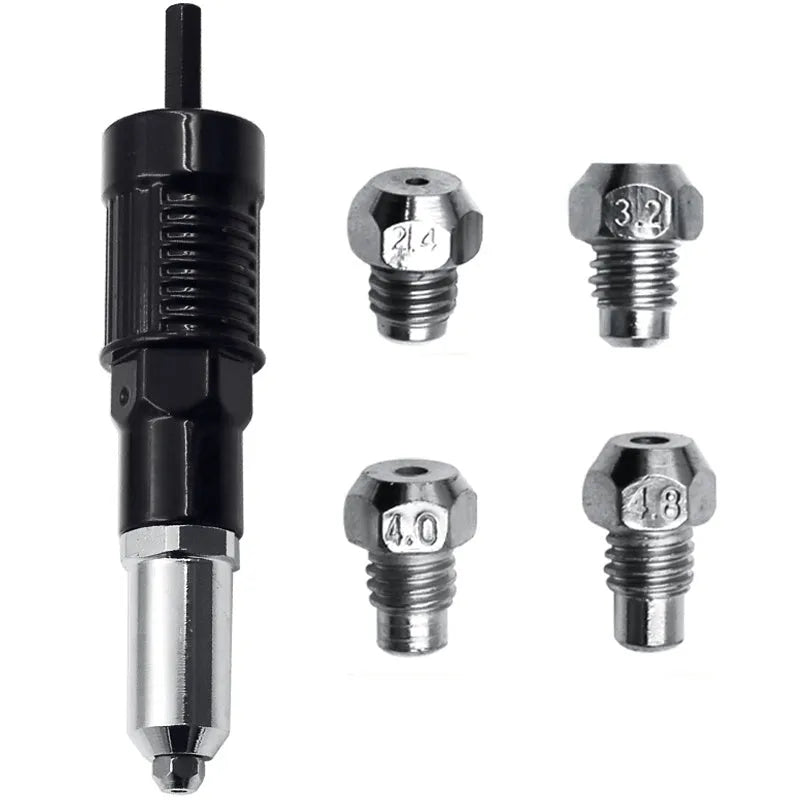 Black metal electric drill attachment rivet gun with handle, wrench, and rivet heads on a workshop bench.