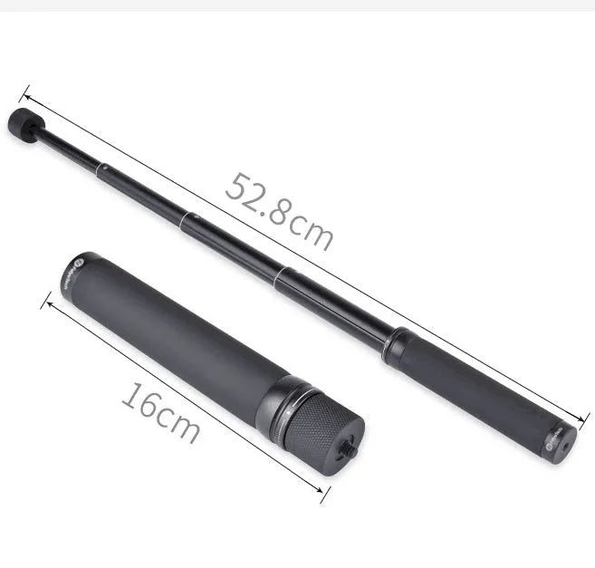 Black retractable selfie stick with integrated stabilizer, shown extended and collapsed