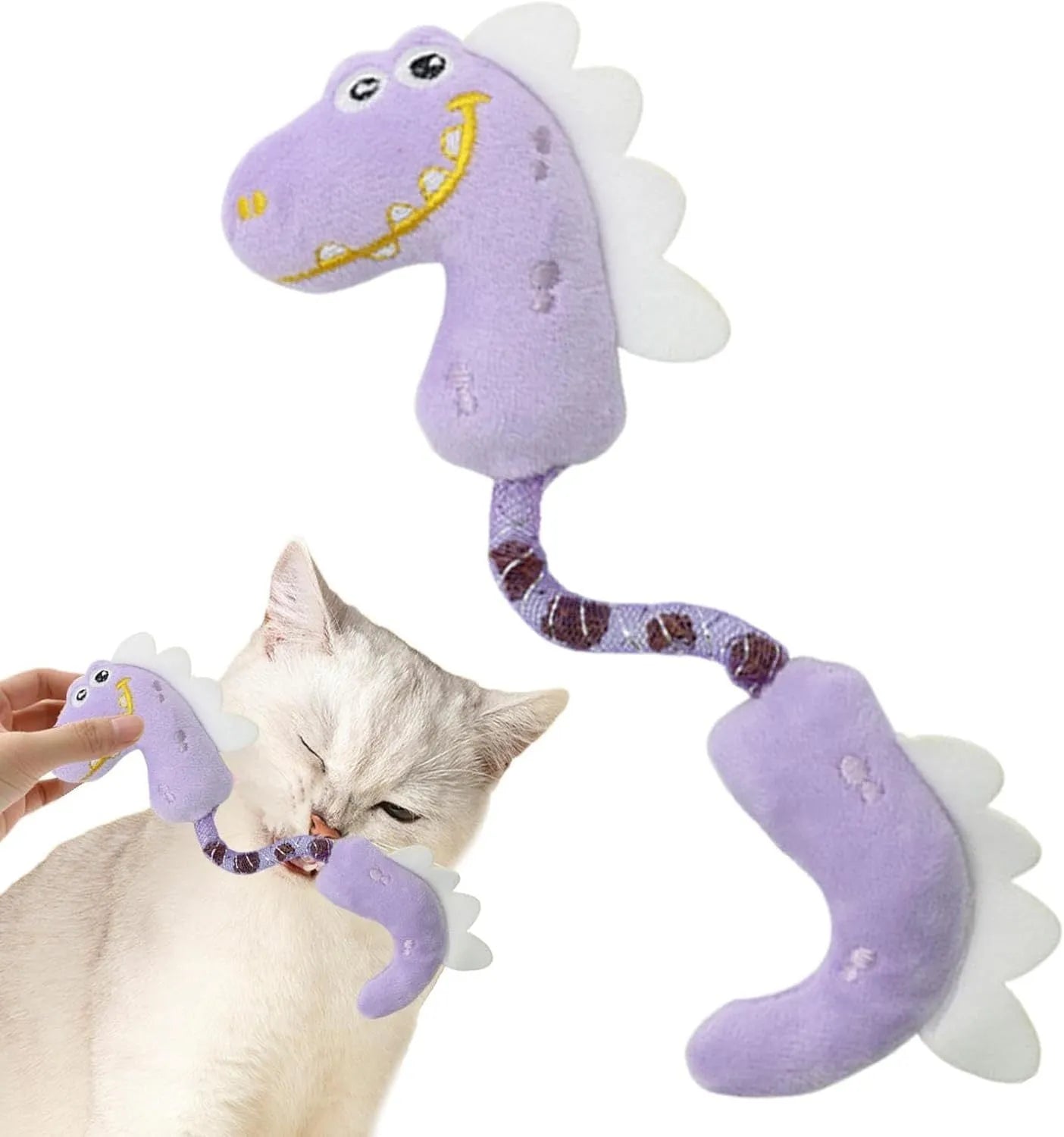 Four cat toys bundle including plush mouse, fish, bunny, and rope toy in pink, purple, or yellow colours