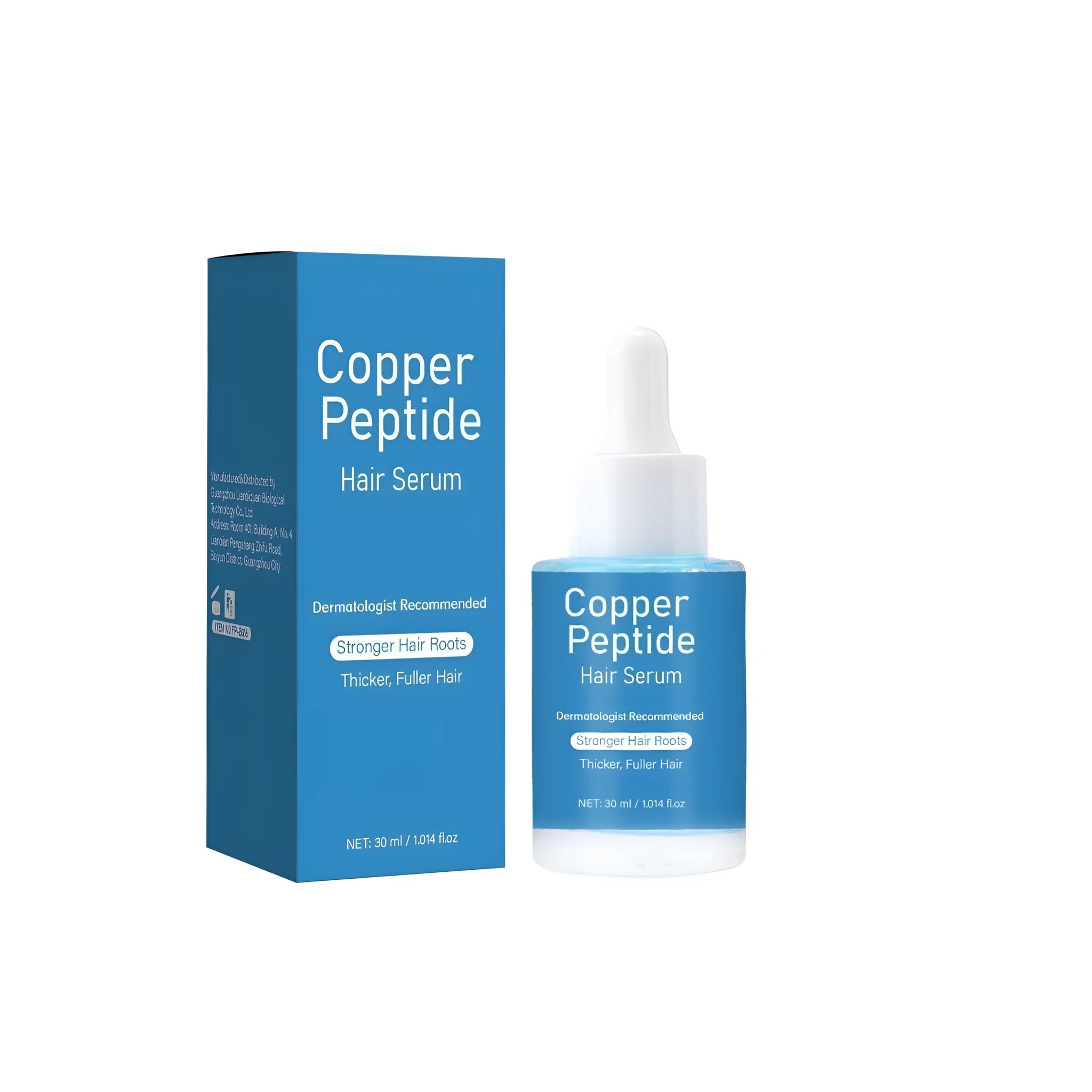 Copper peptide hair oil bottle, 30ml capacity, 38.5mm wide.